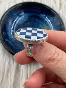 Checkerboard - Navy 3cm Oval Silver Ring