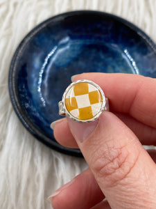 Checkerboard - Mustard 1.5cm Circle Silver Ring